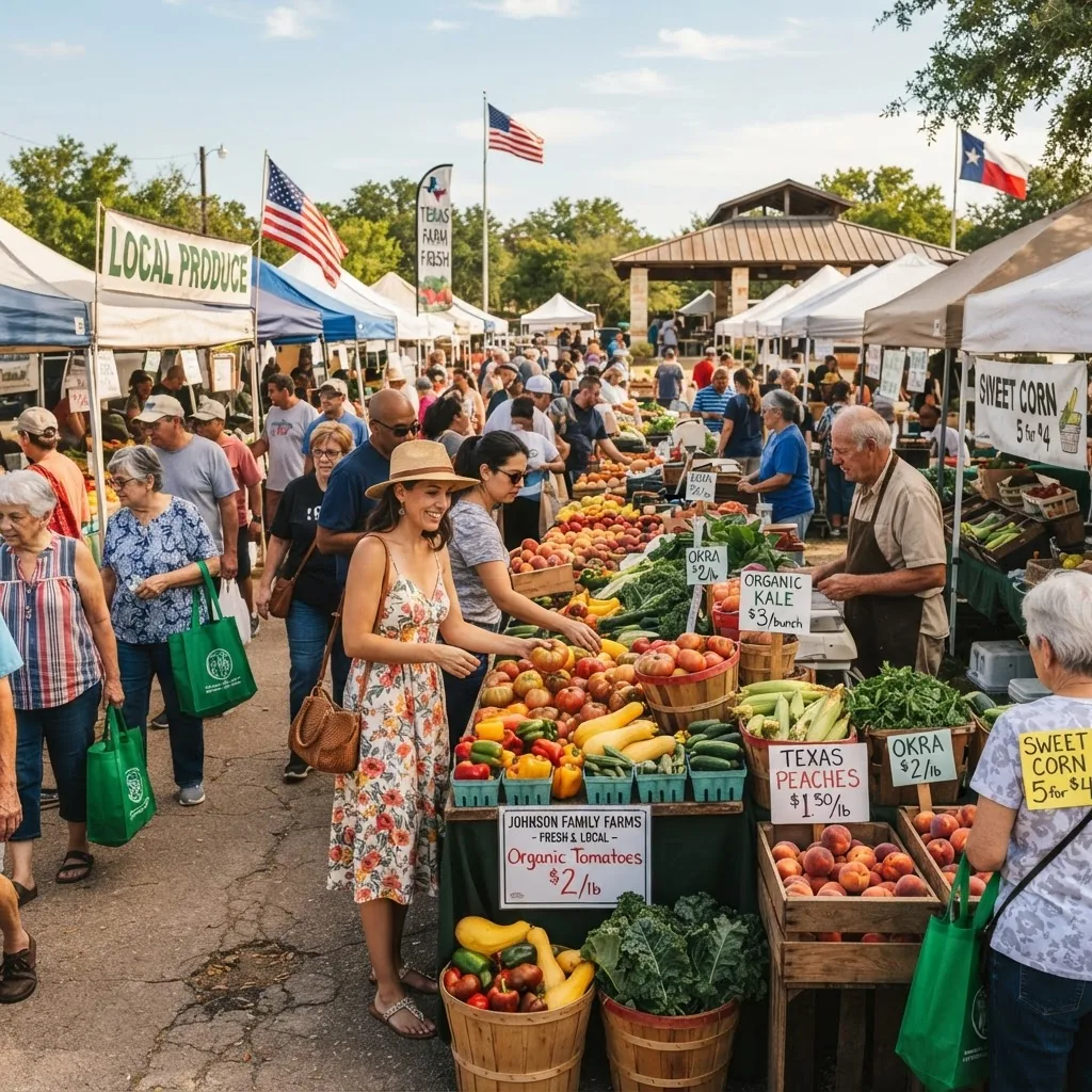 A bustling Texas farmer’s market with affordable fresh produce stands, shoppers selecting vegetables and fruits, warm daylight, emphasizing