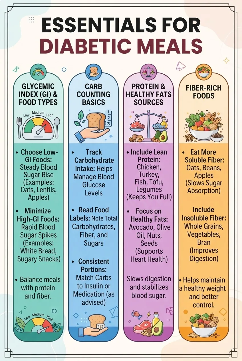 with four columns outlining diabetic meal essentials: glycemic index (with food types), carb counting basics, protein & healthy fats
