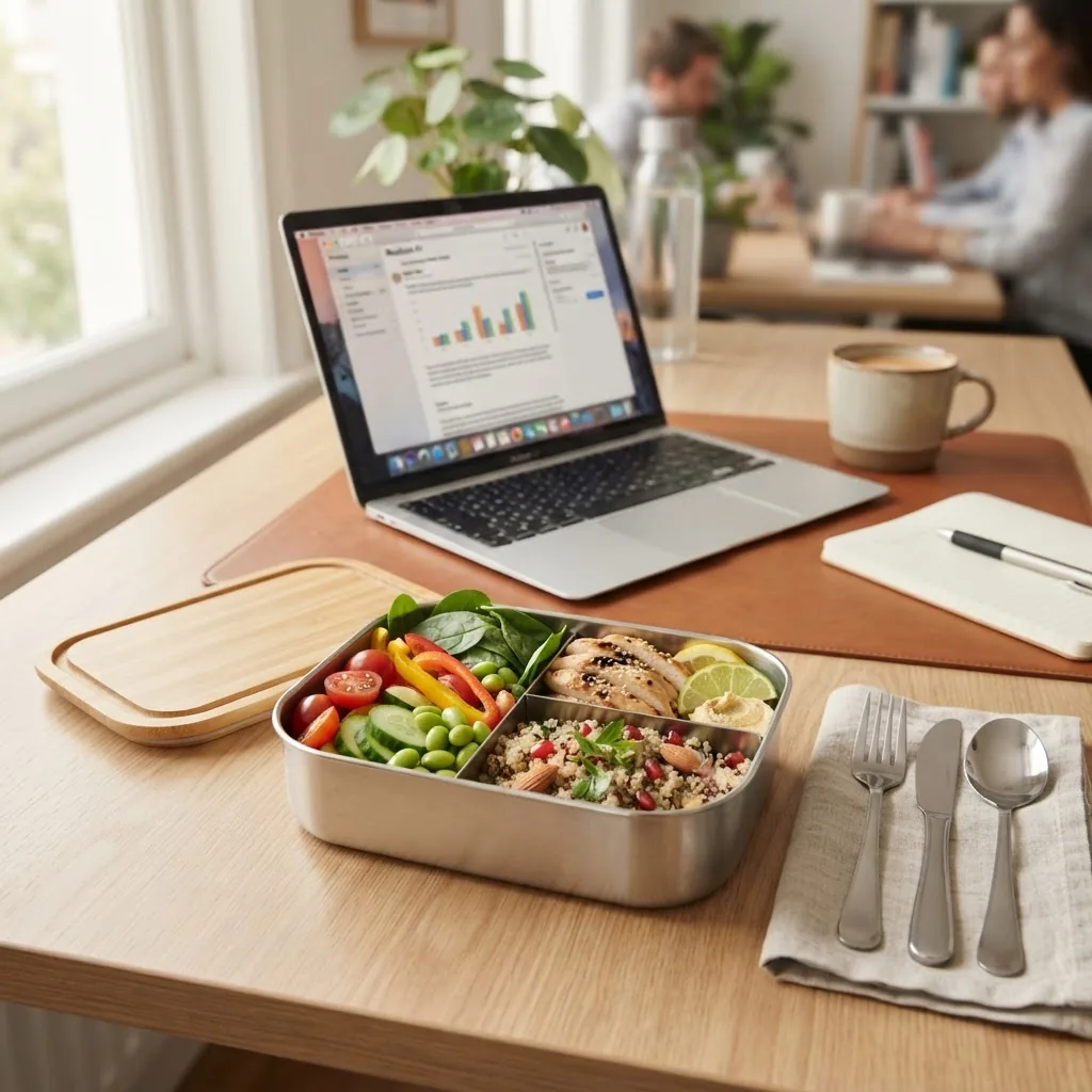 Office lunchbox scene featuring an elegantly packed bento box with compartments holding fresh vegetables, lean protein, and whole grains,
