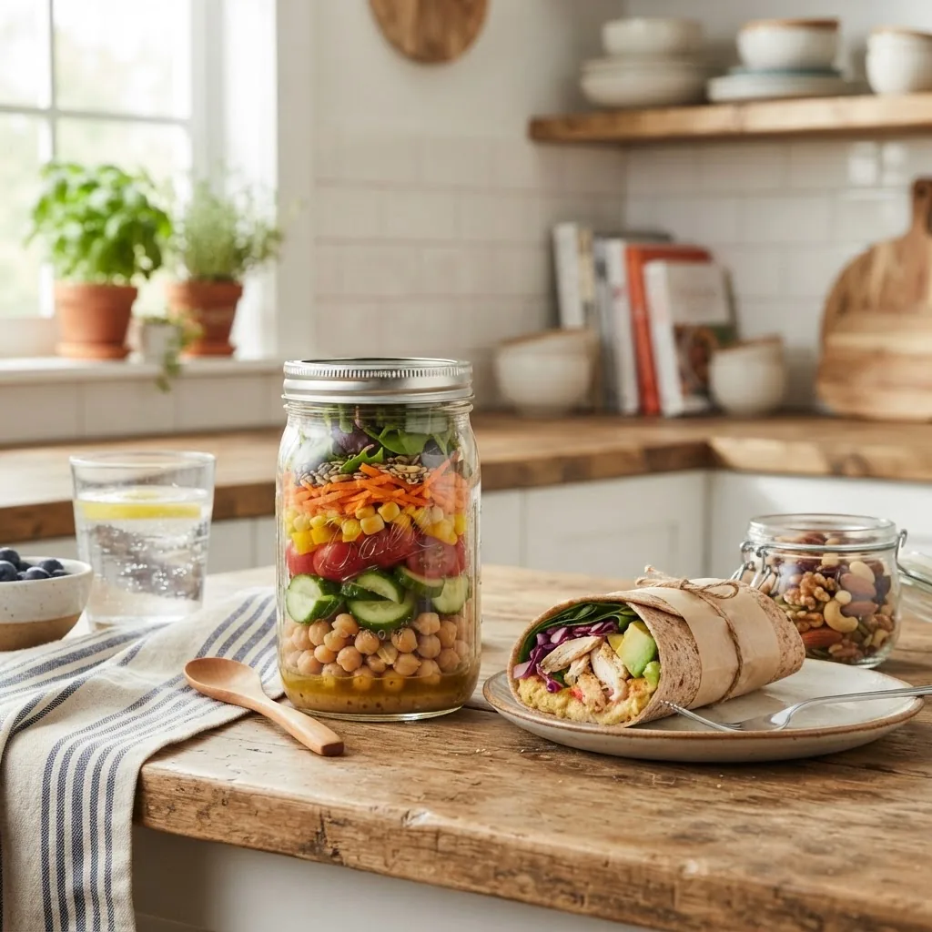 Close-up photo of a colorful, nutritious lunch spread on a kitchen counter including a mason jar salad with layered vegetables, a whole