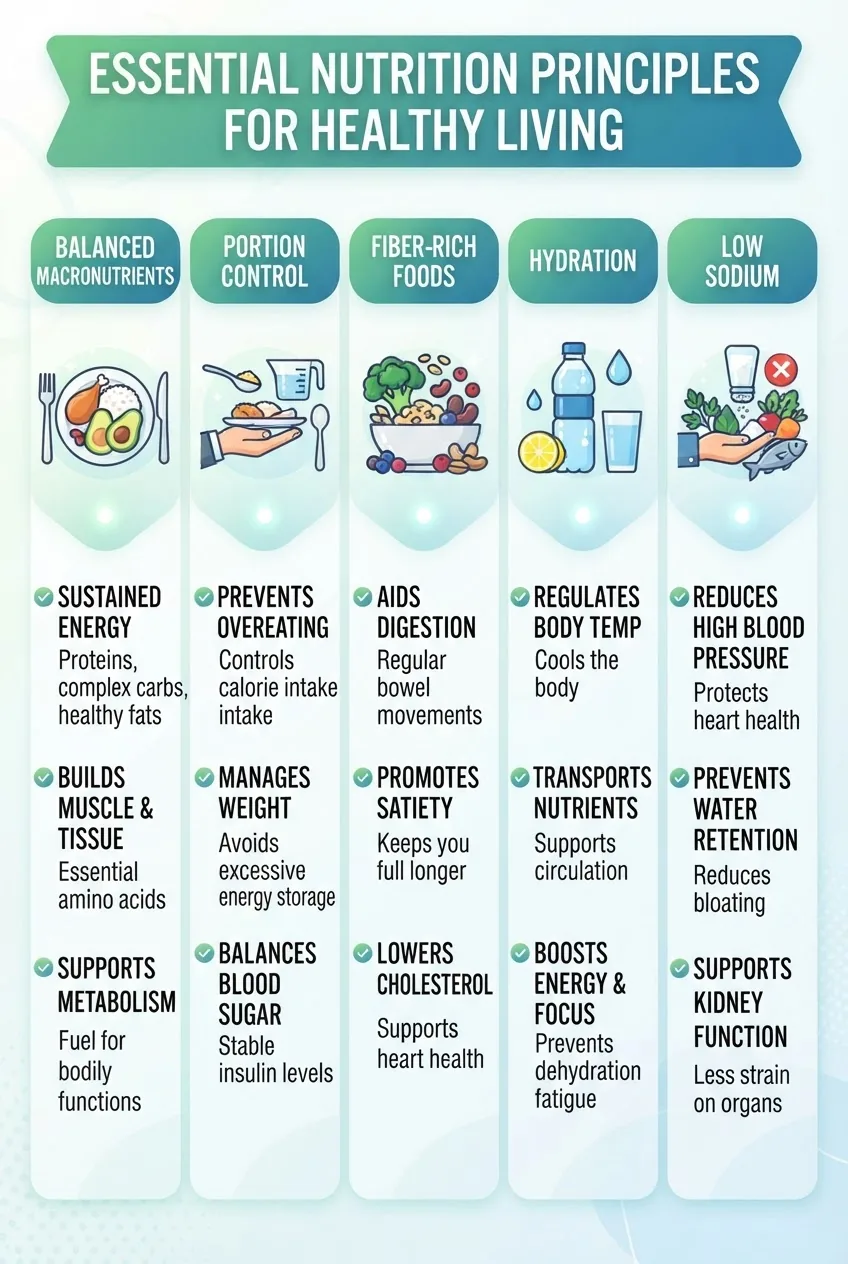 A clean infographic with five vertical sections each featuring an icon and short label: Balanced Macronutrients (protein, carbs, fats),