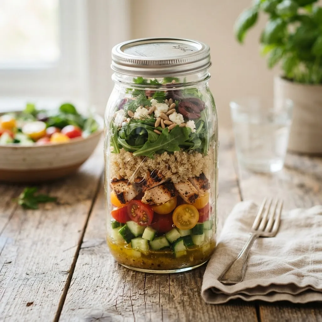 a colorful mason jar salad layered with fresh greens, quinoa, cherry tomatoes, cucumbers, and grilled chicken chunks, placed on a rustic
