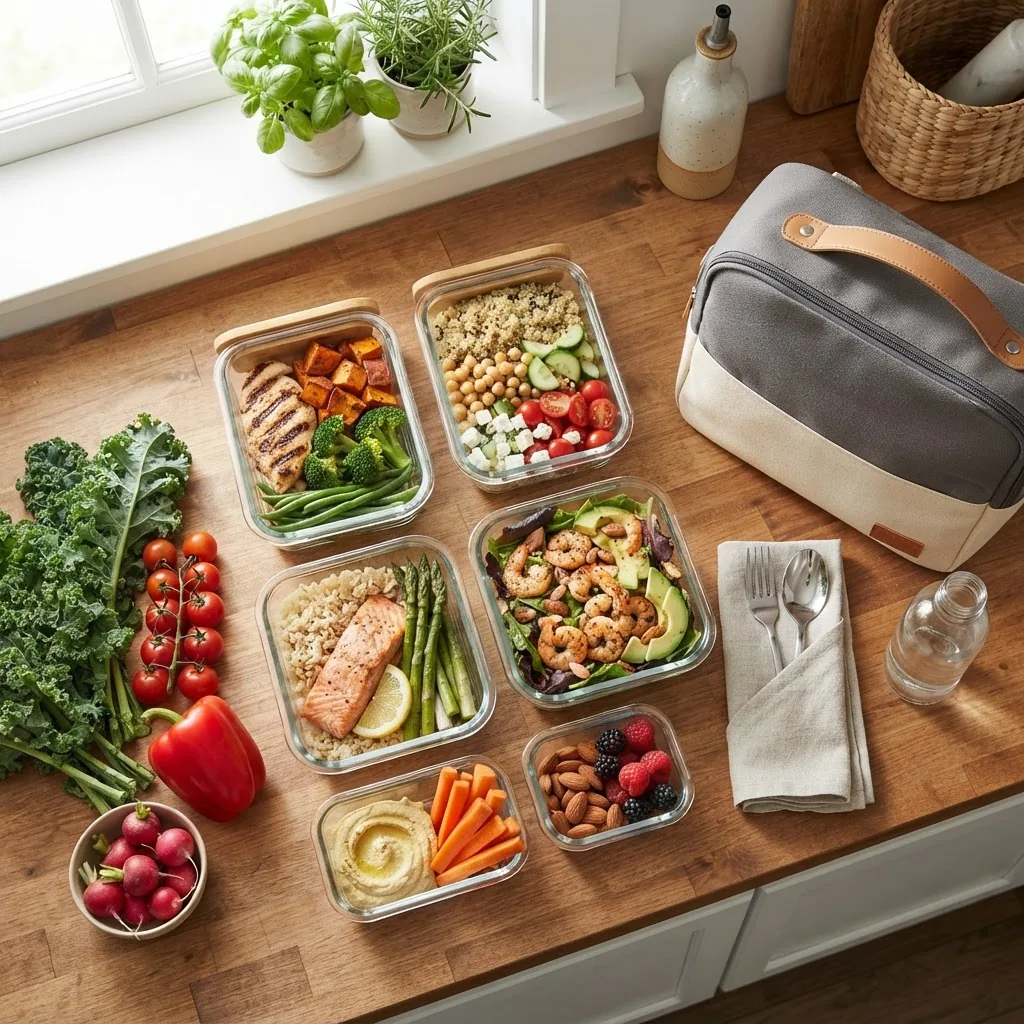 featuring a variety of BPA-free meal prep containers arranged neatly on a wooden kitchen counter, with fresh vegetables and a reusable
