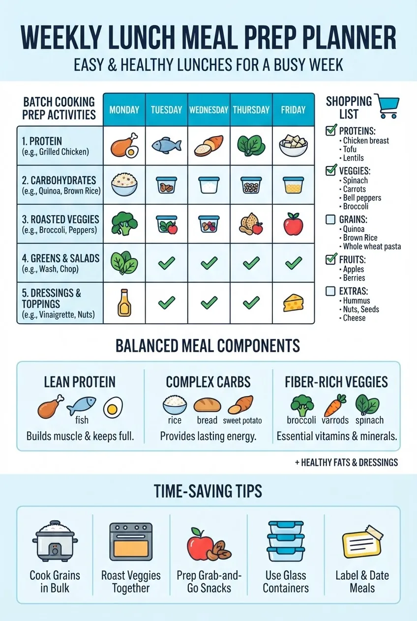 Infographic showing a step-by-step weekly lunch meal prep planner: 5 columns for weekdays, rows for batch cooking prep activities, shopping