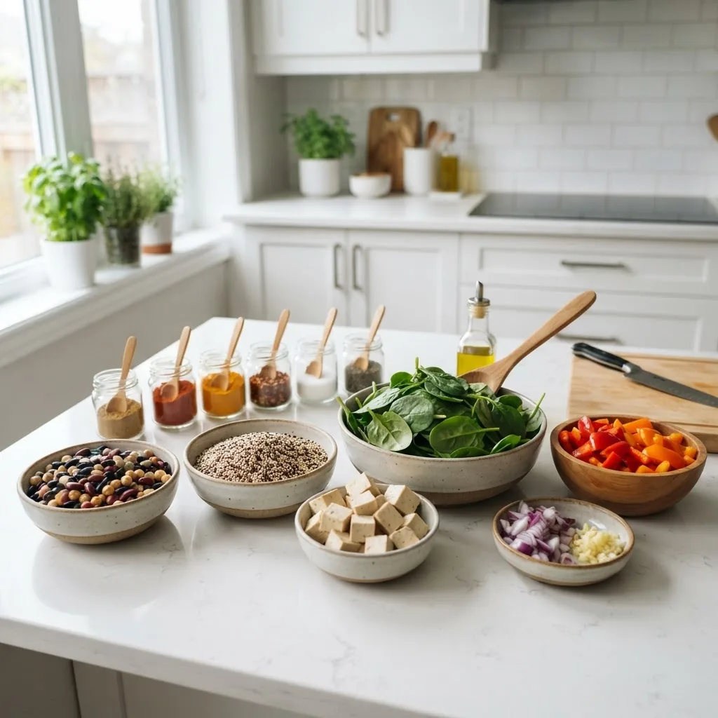a kitchen countertop featuring bowls of key meatless ingredients including dried beans, quinoa, tofu cubes, fresh spinach, bell peppers,