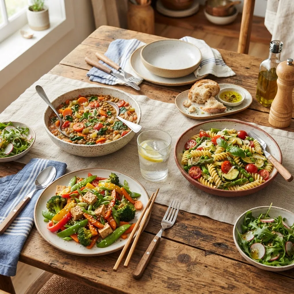 a rustic wooden table with several plated easy meatless dishes like a lentil stew, vegetable stir-fry, and pasta primavera, natural