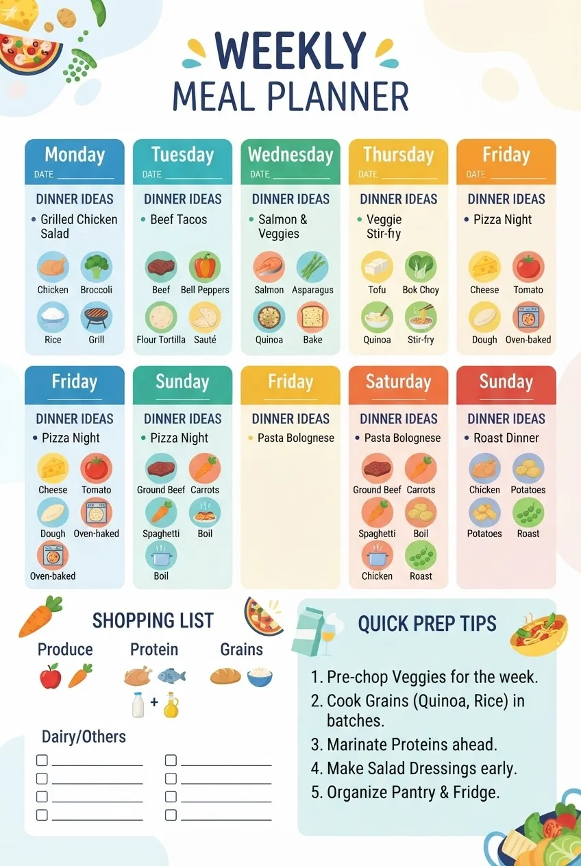 clear, visually appealing weekly meal planner infographic showing 7 days with space for dinner ideas, featuring icons for protein sources,