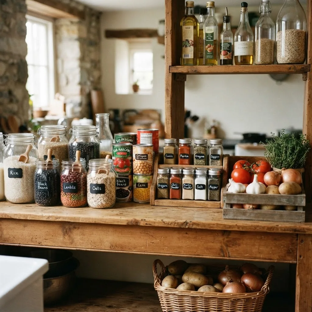 rustic kitchen pantry shelf stocked with affordable staple ingredients like rice, beans, canned tomatoes, fresh seasonal vegetables, and