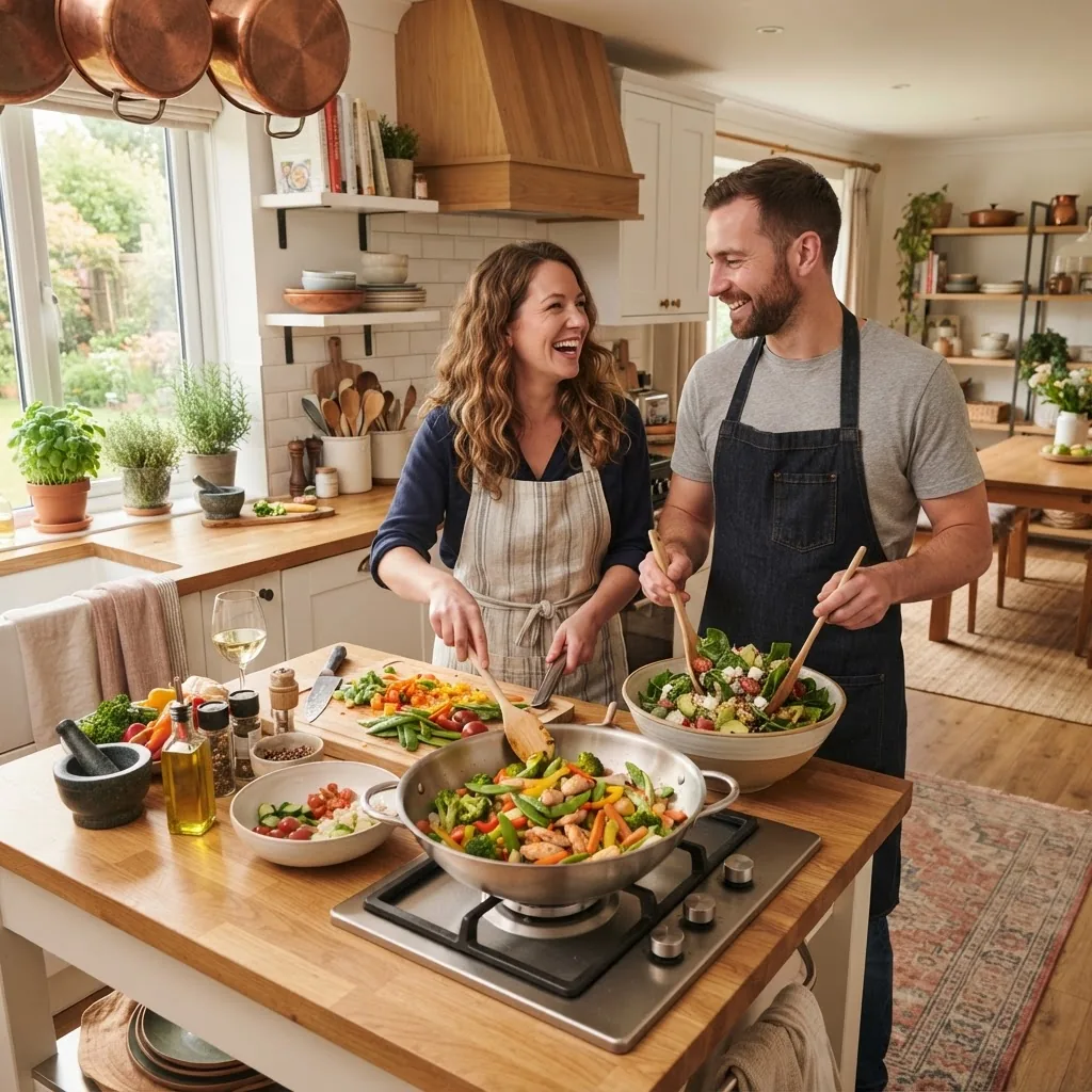cozy kitchen scene featuring a couple cooking a colorful, healthy dinner together at home, bright natural lighting, casual modern style,