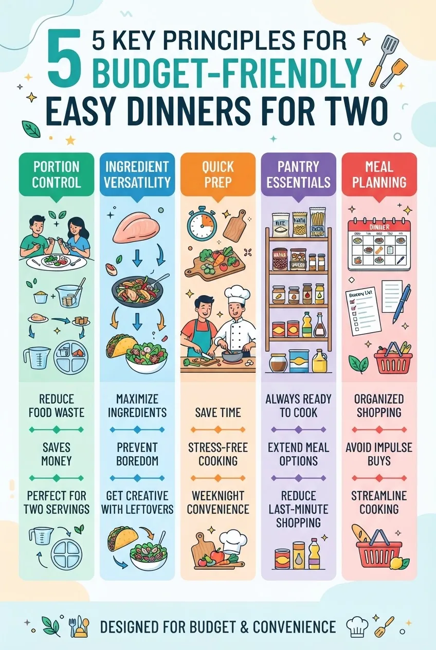 illustrates 5 key principles for budget-friendly easy dinners for two: portion control, ingredient versatility, quick prep, pantry