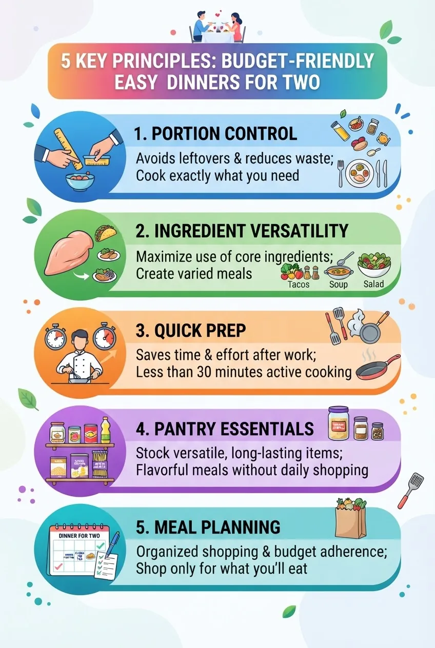 illustrates 5 key principles for budget-friendly easy dinners for two: portion control, ingredient versatility, quick prep, pantry