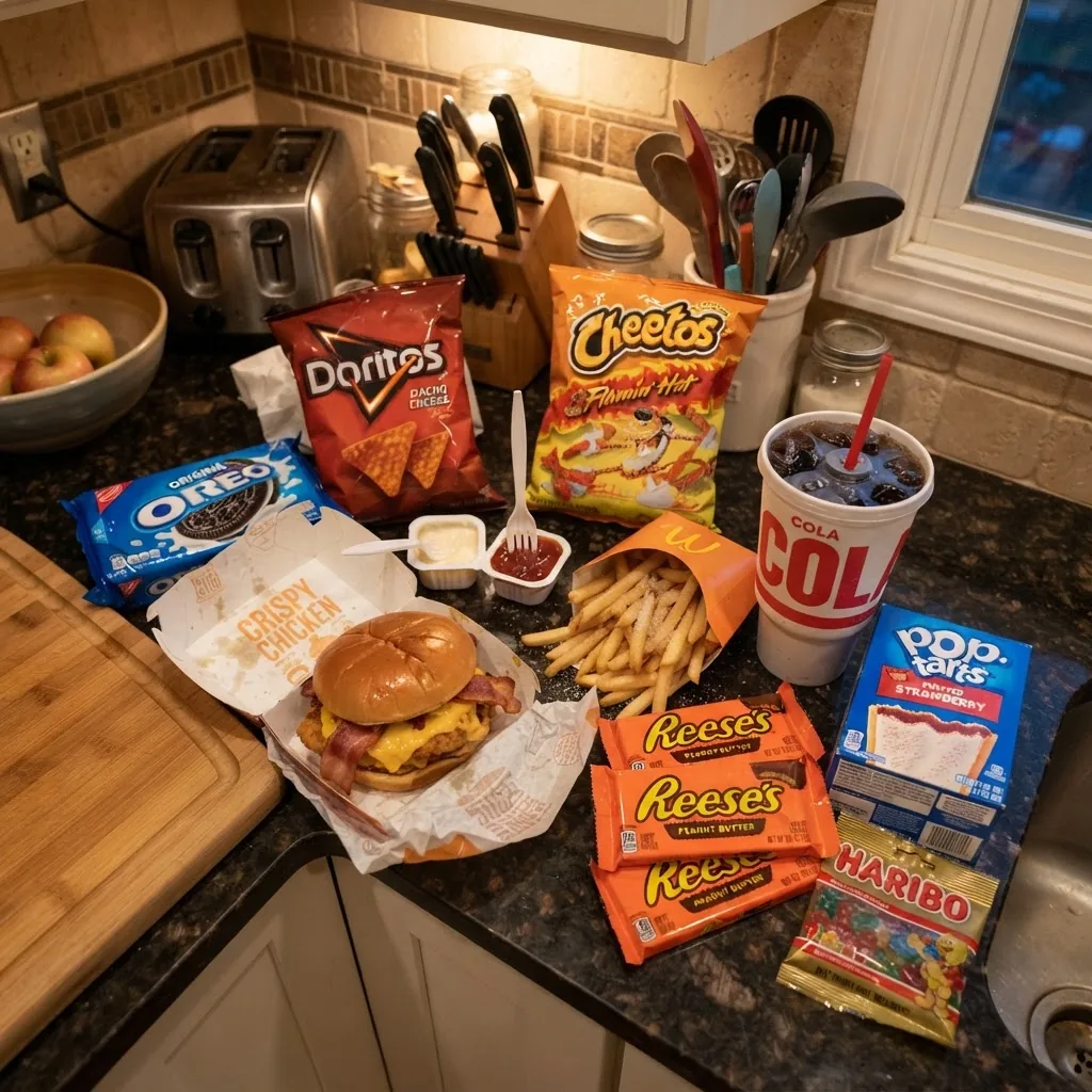 Overhead shot of typical unhealthy food items on a kitchen counter, including sugary sodas, fast food burger, fries, processed snacks with
