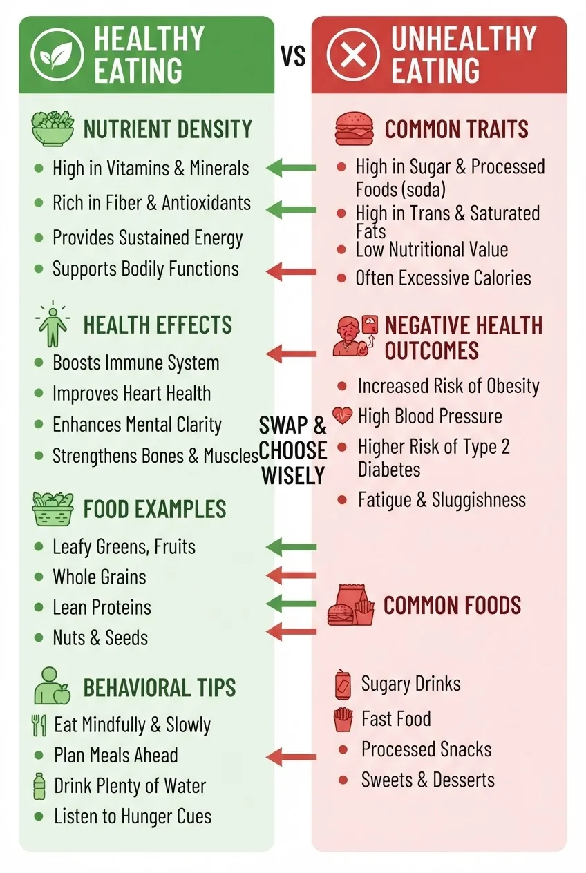 A clean infographic with two vertical columns comparing healthy vs unhealthy eating; left column with icons and bullets covering nutrient