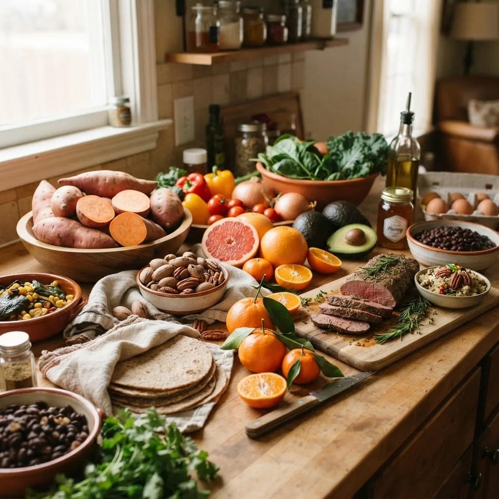 vibrant spread of Texas local produce and foods such as sweet potatoes, pecans, citrus fruits, lean meats, and whole grain tortillas,