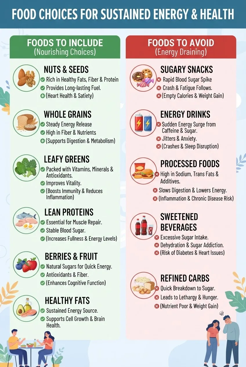 has two columns: "Foods to Include" showing icons and short text for items like nuts, whole grains, leafy greens, and lean proteins, and