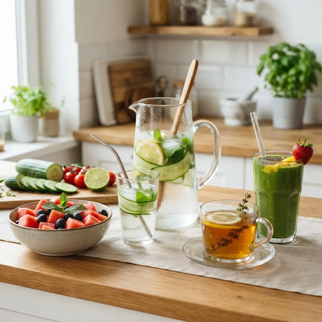 a variety of hydrating foods and drinks on a kitchen counter: fresh fruits like watermelon and cucumber, infused water pitcher, herbal tea,