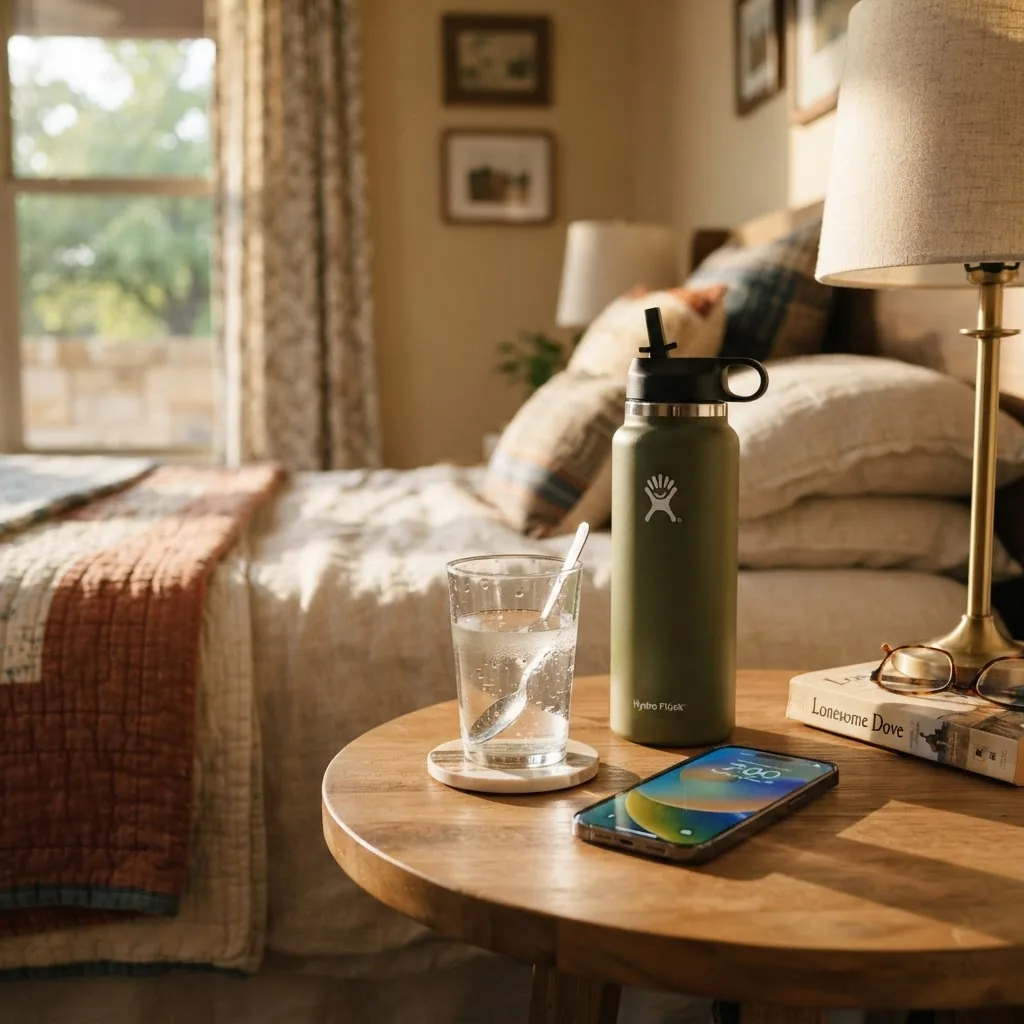 a bedside table with a clear 350 ml glass of water and a 1 L insulated bottle next to a smartphone alarm showing 7:00 AM; afternoon