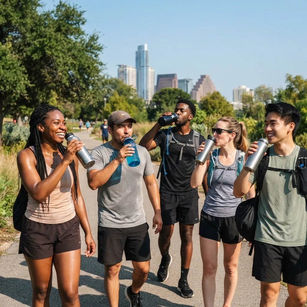 a diverse group of adults outdoors in Texas heat, each holding reusable water bottles, visibly refreshing themselves, conveying practical