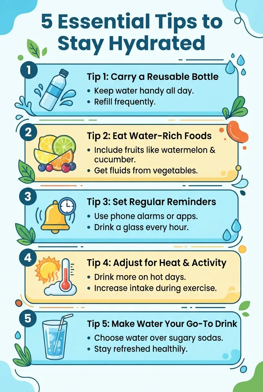 is titled "5 Essential Tips to Stay Hydrated" featuring a vertical layout with five numbered sections, each with an icon (water bottle,