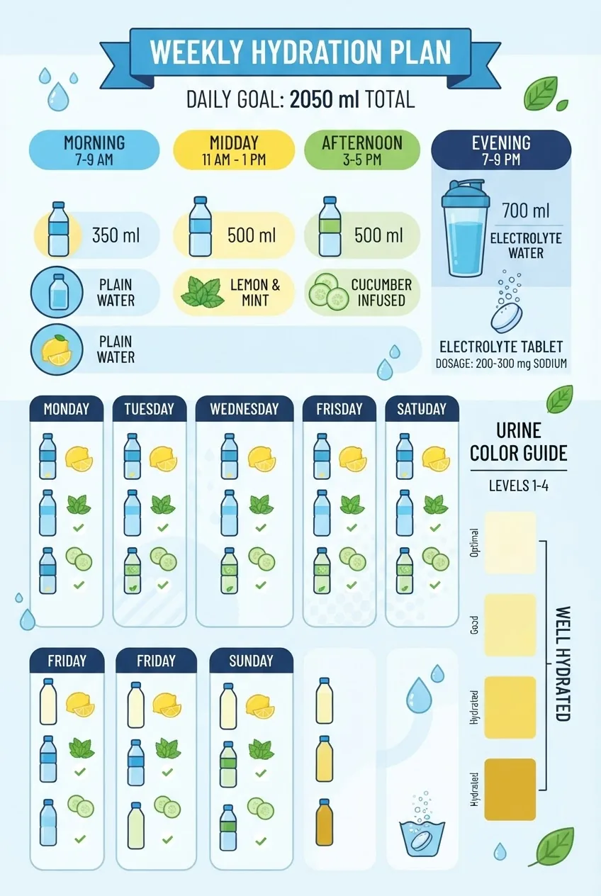 shows a weekly plan for flavored and plain water with amounts per container (350 ml morning, 500 ml midday, 500 ml afternoon, 700 ml