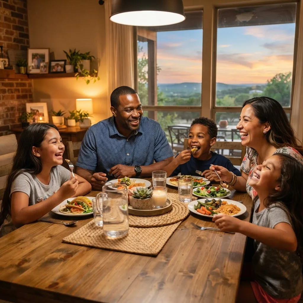 Mid-shot of a diverse Texas family gathered around a dining table at sunset, smiling and enjoying their meal casually, highlighting a