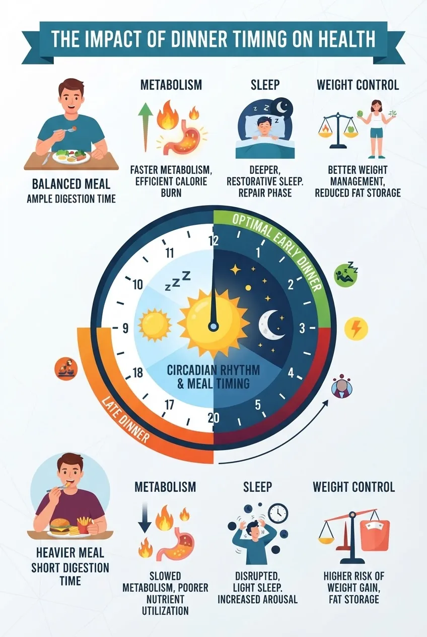A clean infographic illustrating a 24-hour clock highlighting optimal dinner windows (early vs. late), their effects on metabolism, sleep,