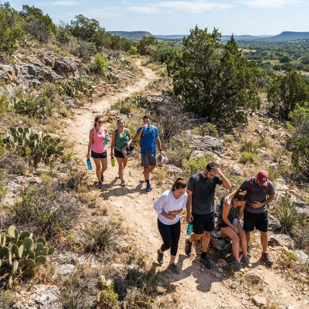Overhead image of diverse group of adults with water bottles, on a sunny outdoor trail in Texas, some with hands on head or stomach showing