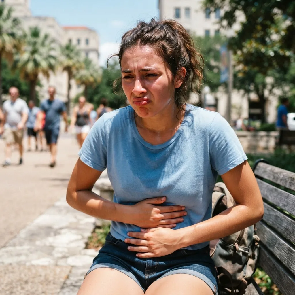 Close-up photo of a young adult in casual summer clothing sitting outdoors in bright Texas sun, holding their abdomen with a pained