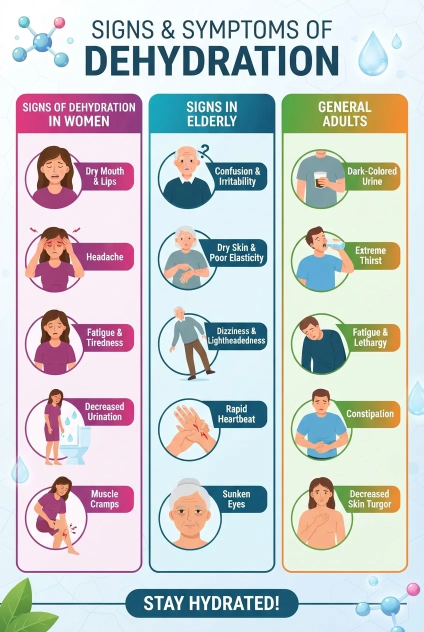 Infographic showing three columns representing "Signs of Dehydration in Women," "Signs in Elderly," and "General Adults," each with 4–5