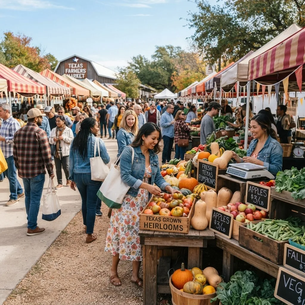 an outdoor farmers market scene in Texas early autumn, vibrant stalls with seasonal fall fruits and vegetables, shoppers selecting produce,