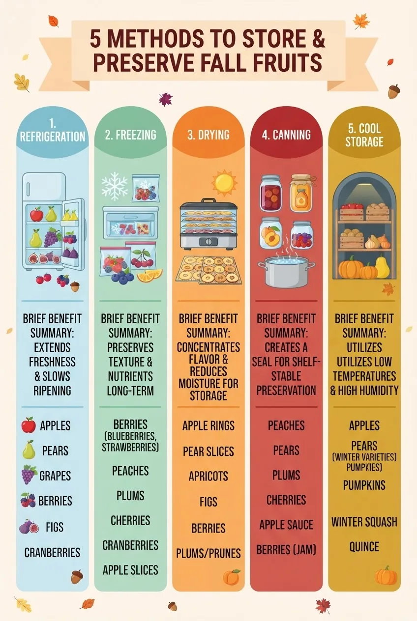 depicts 5 methods to store and preserve fall fruits: refrigeration, freezing, drying, canning, and cool storage; each method shown as a