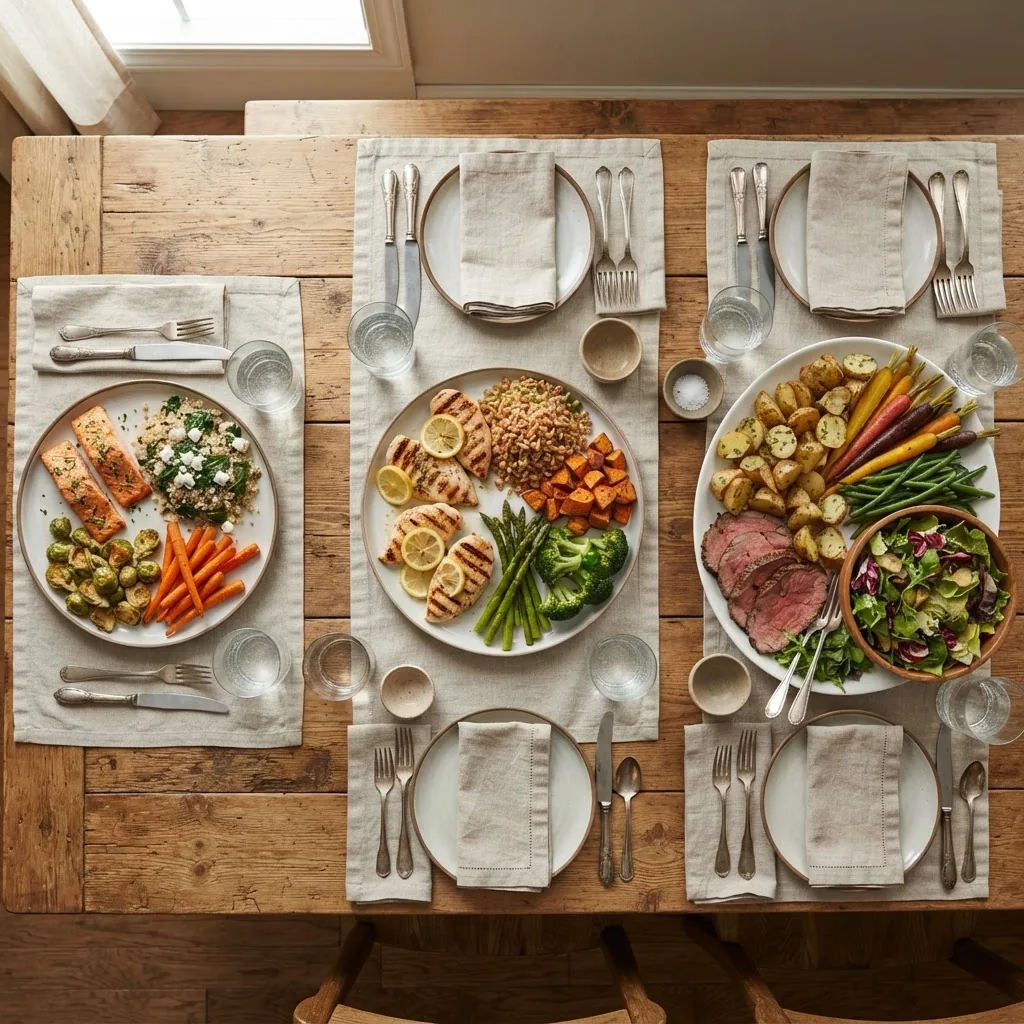 Overhead shot of three different dinner plates arranged for 3-person, 4-person, and large family servings, each plate visually distinct