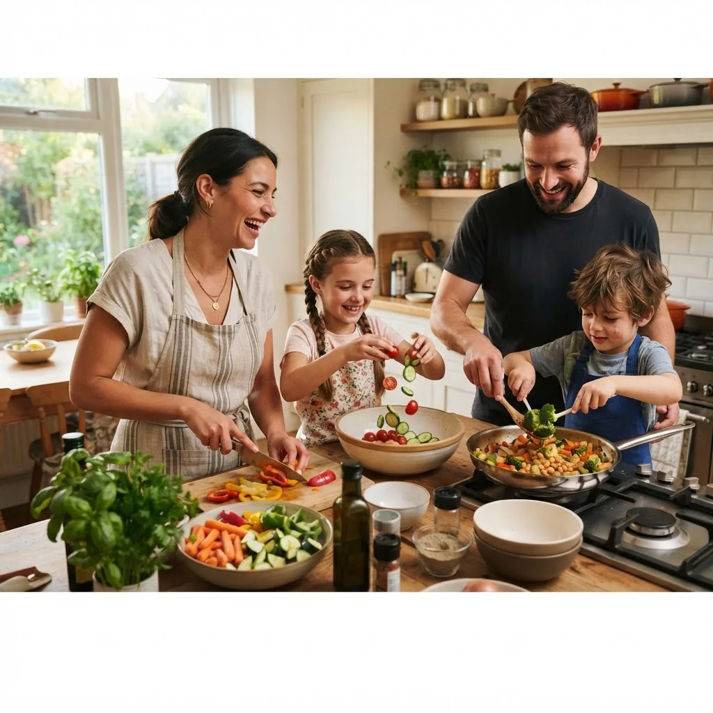 A warm, inviting kitchen setting showing a family preparing a simple healthy dinner together; natural light, cheerful mood, showcasing