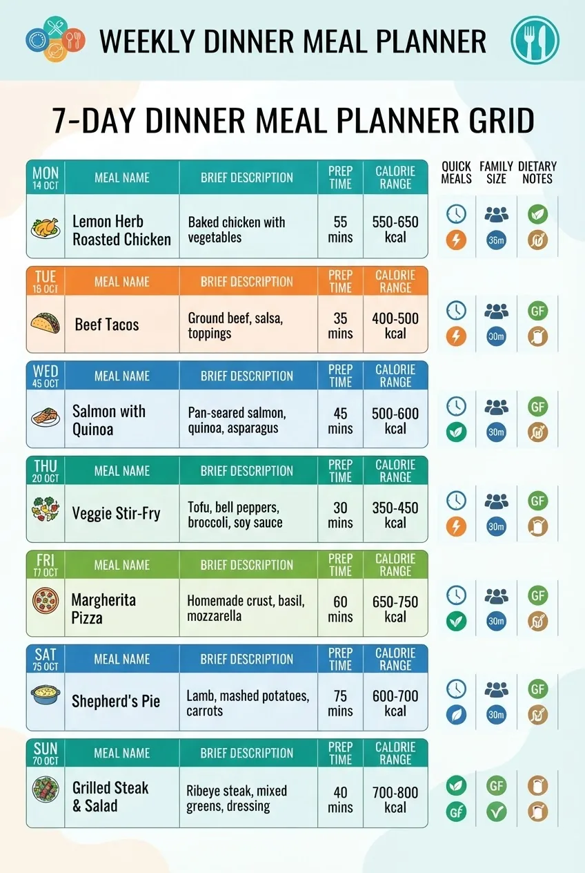 A clear infographic with a 7-day dinner meal planner grid, with each day divided into meal name, brief description, prep time, and calorie