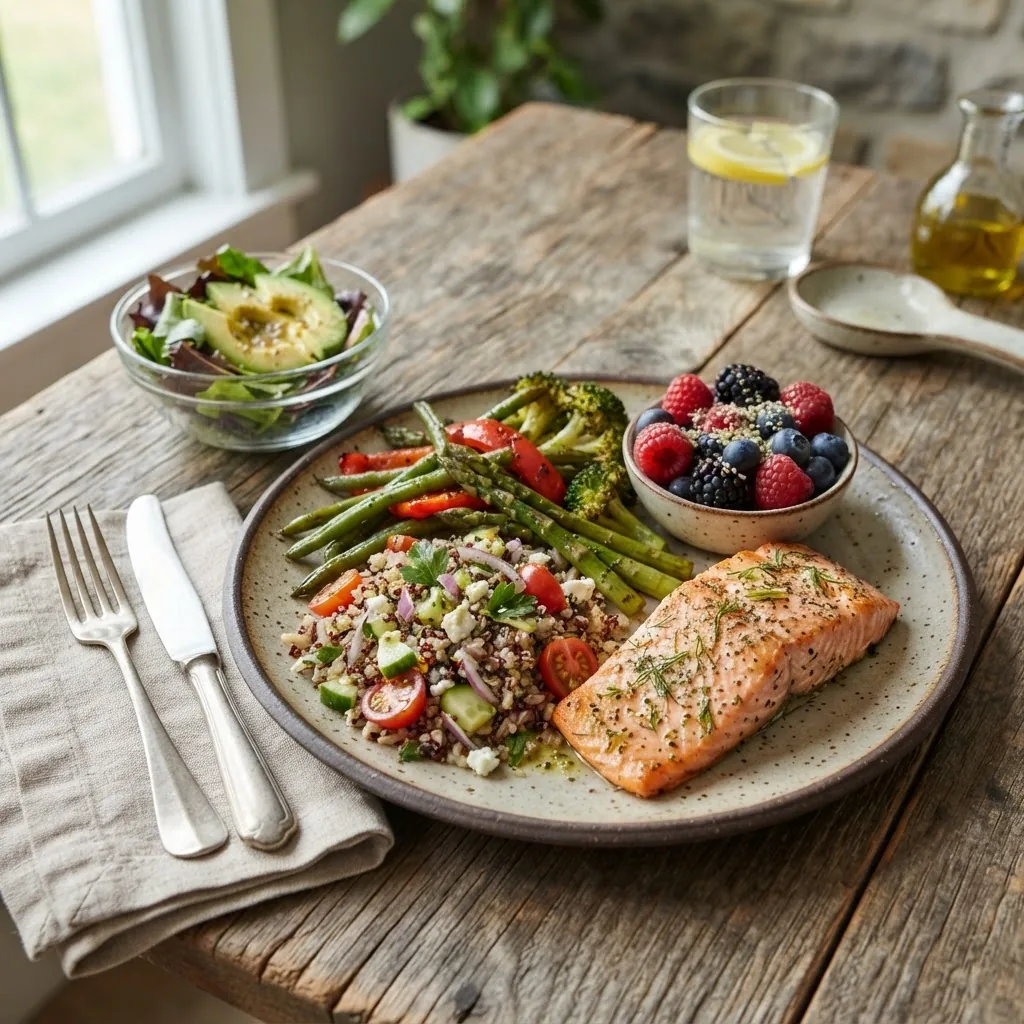 colorful plate featuring a balanced meal of lean protein, healthy fats, vegetables, and low-sugar fruit, photographed with natural light on