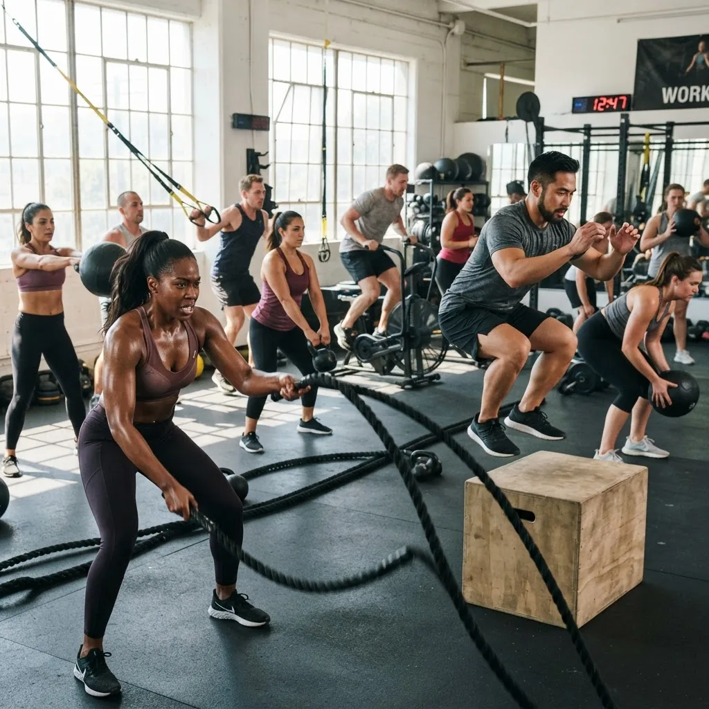 bright gym setting showing a diverse group of adults performing high-intensity interval training exercises with visible effort and