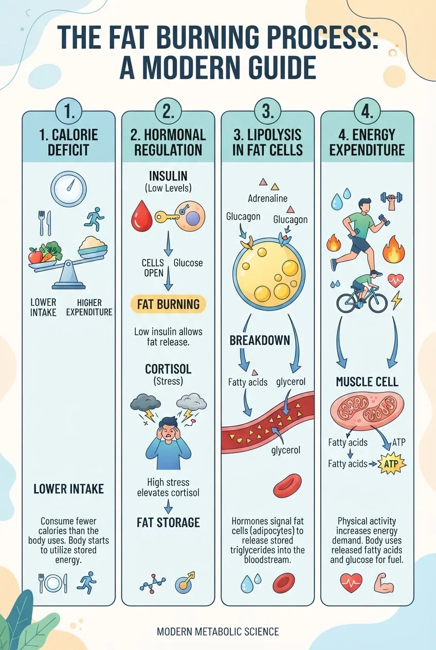is divided into four sections illustrating the fat burning process: calorie deficit, hormonal regulation (insulin and cortisol), lipolysis