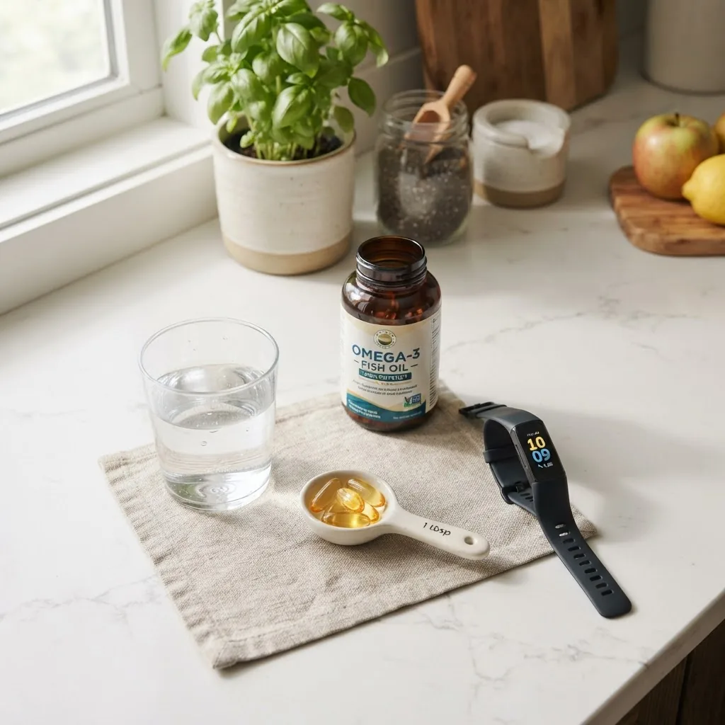 Overhead shot of a health-focused kitchen counter featuring fish oil capsules next to a measuring spoon, water glass, and a fitness