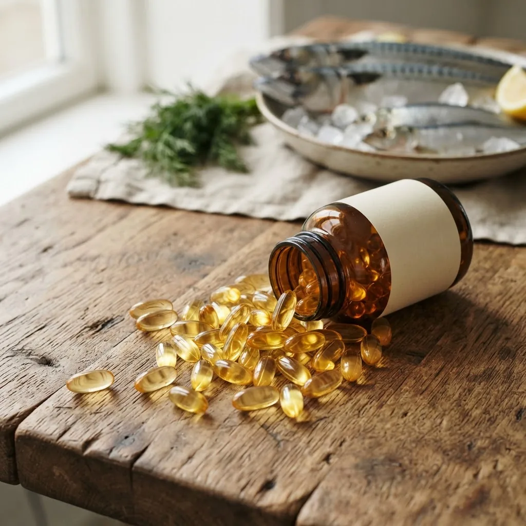 A clean, well-lit close-up of a glass bottle with golden fish oil capsules spilling out onto a natural wooden surface with fresh whole fish
