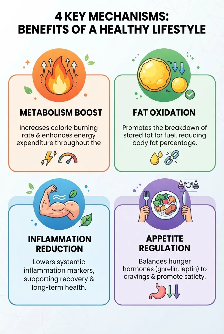 A structured infographic with 4 visually distinct sections arranged horizontally, each showing a key mechanism: metabolism boost (fire