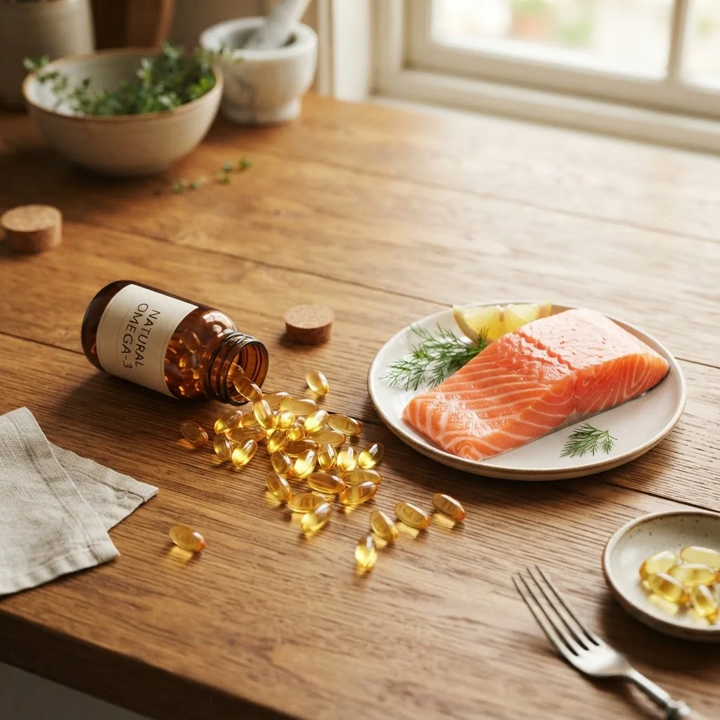 fish oil capsules spilled from a bottle next to fresh salmon fillet on wooden kitchen table, warm lighting, bright and inviting mood,