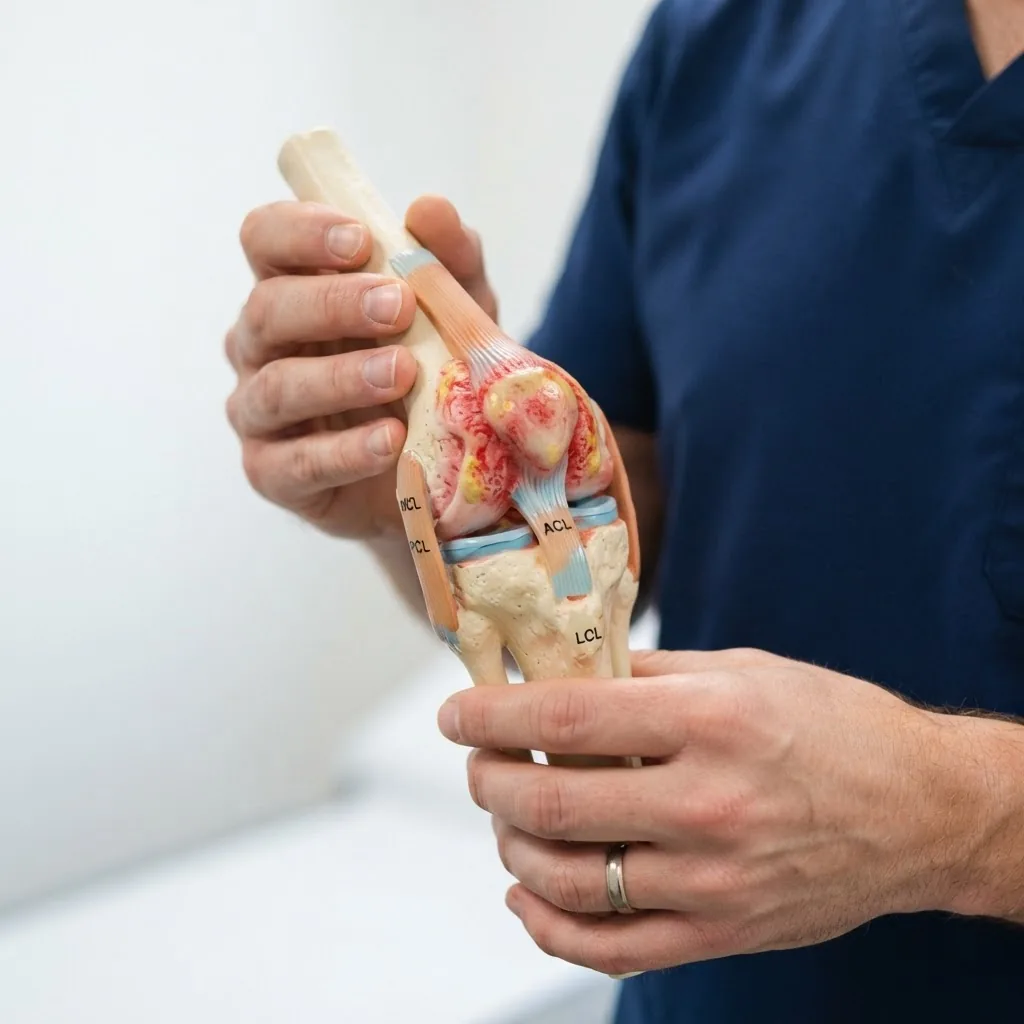 human hands gently holding a model of inflamed knee joint, soft natural lighting, clear focus on joint structure, white neutral background,