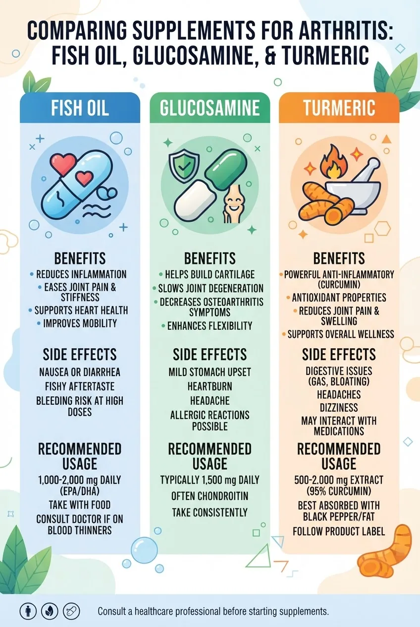 comparing fish oil, glucosamine, and turmeric supplements for arthritis, each with an icon, brief bullet points of benefits, side effects,