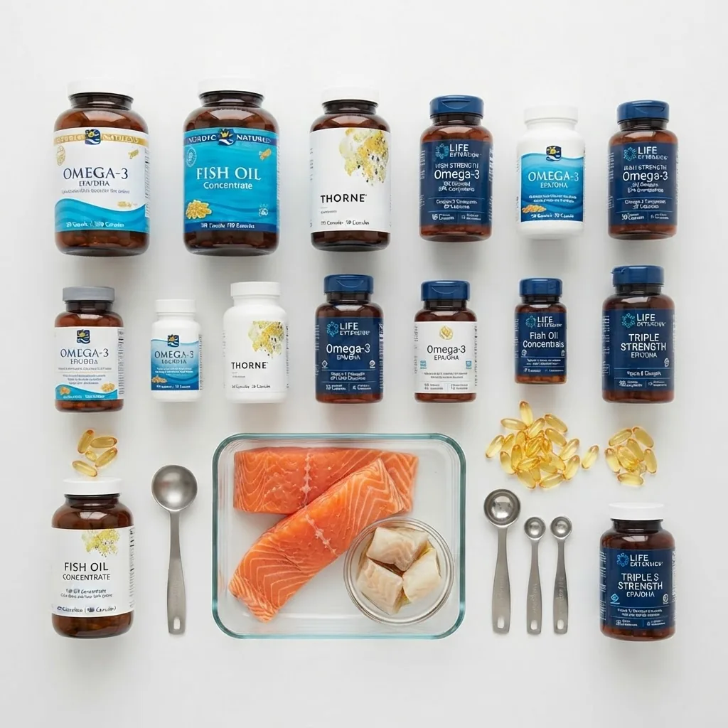 A flat lay of various omega 3 supplement bottles and fish oil pill containers arranged neatly on a white background with measuring spoons