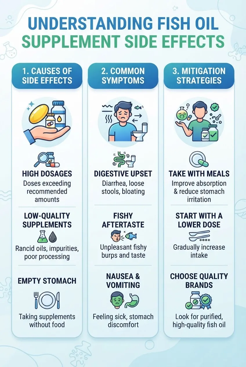 An infographic structured in three sections showing causes of fish oil side effects, common symptoms (e.g., diarrhea, fishy burps, nausea),