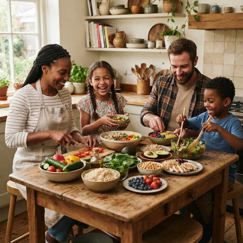 A warm, inviting photo of a diverse family with children sitting around a kitchen table preparing a balanced meal inspired by healthy