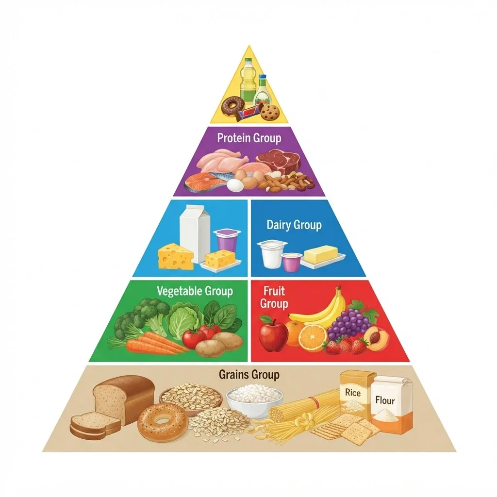 A clear, colorful illustration of the 1990 USDA Food Guide Pyramid on a plain white background, showing food groups stacked in layers from