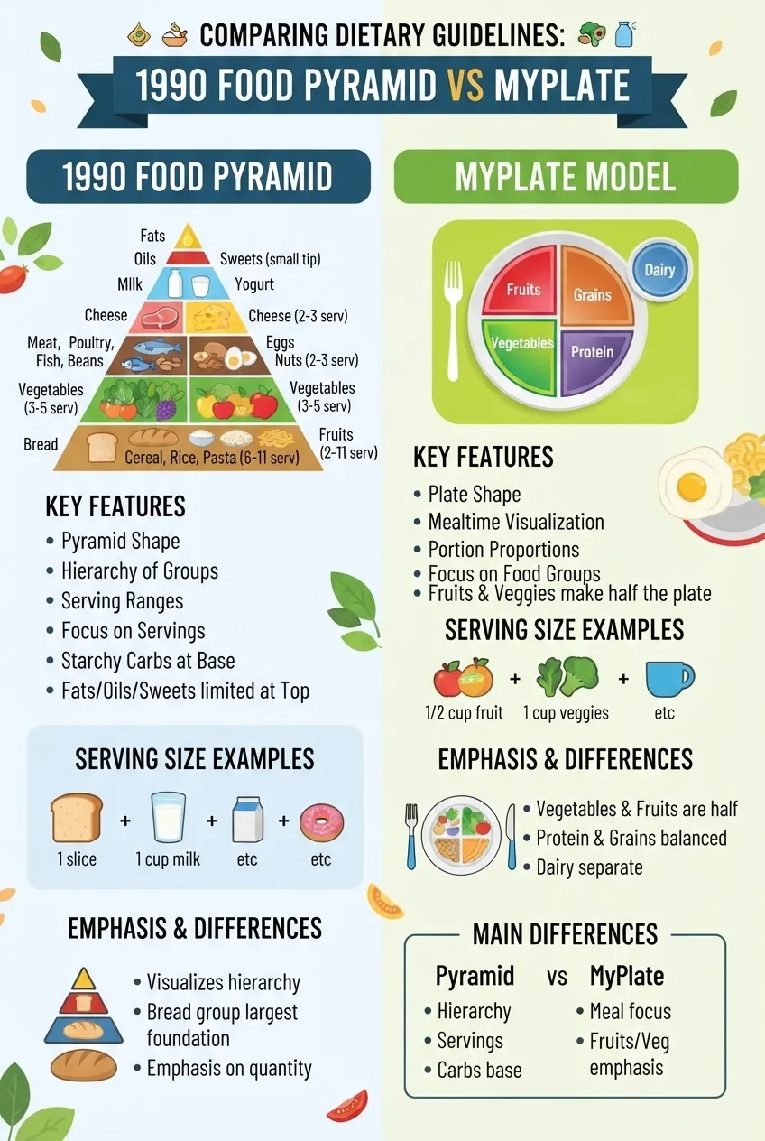 A structured infographic comparing the 1990 Food Pyramid and the MyPlate model side-by-side, divided into two columns with icons