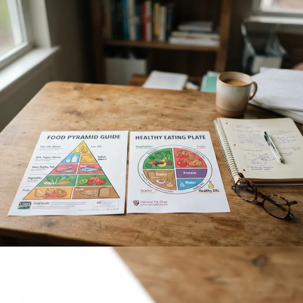 a printed food pyramid chart and healthy plate guide side by side on a wooden table with a pair of eyeglasses and a notebook partially