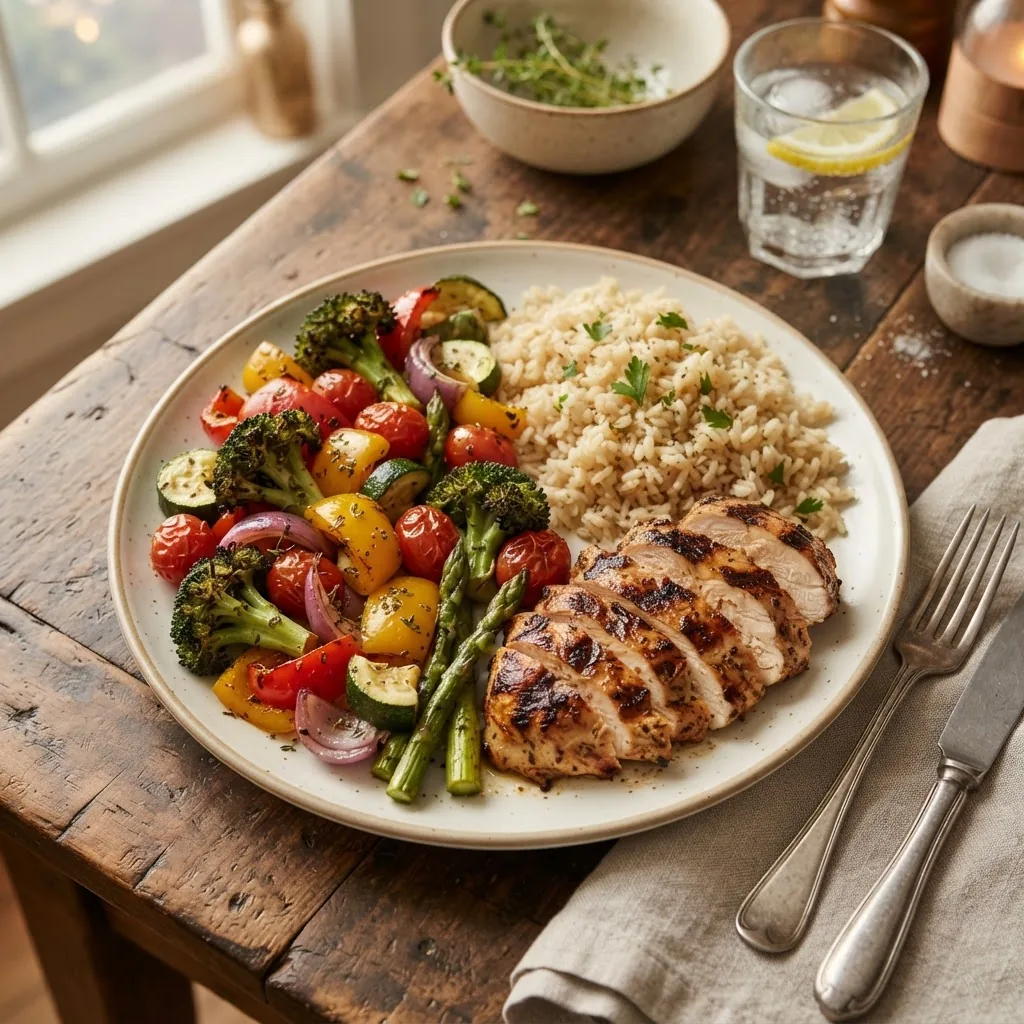an overhead shot of a typical dinner plate arranged with a balanced meal: half the plate filled with colorful mixed vegetables, one quarter